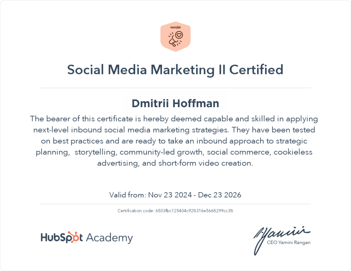 Сертификат HubSpot Academy: Social Media Marketing II